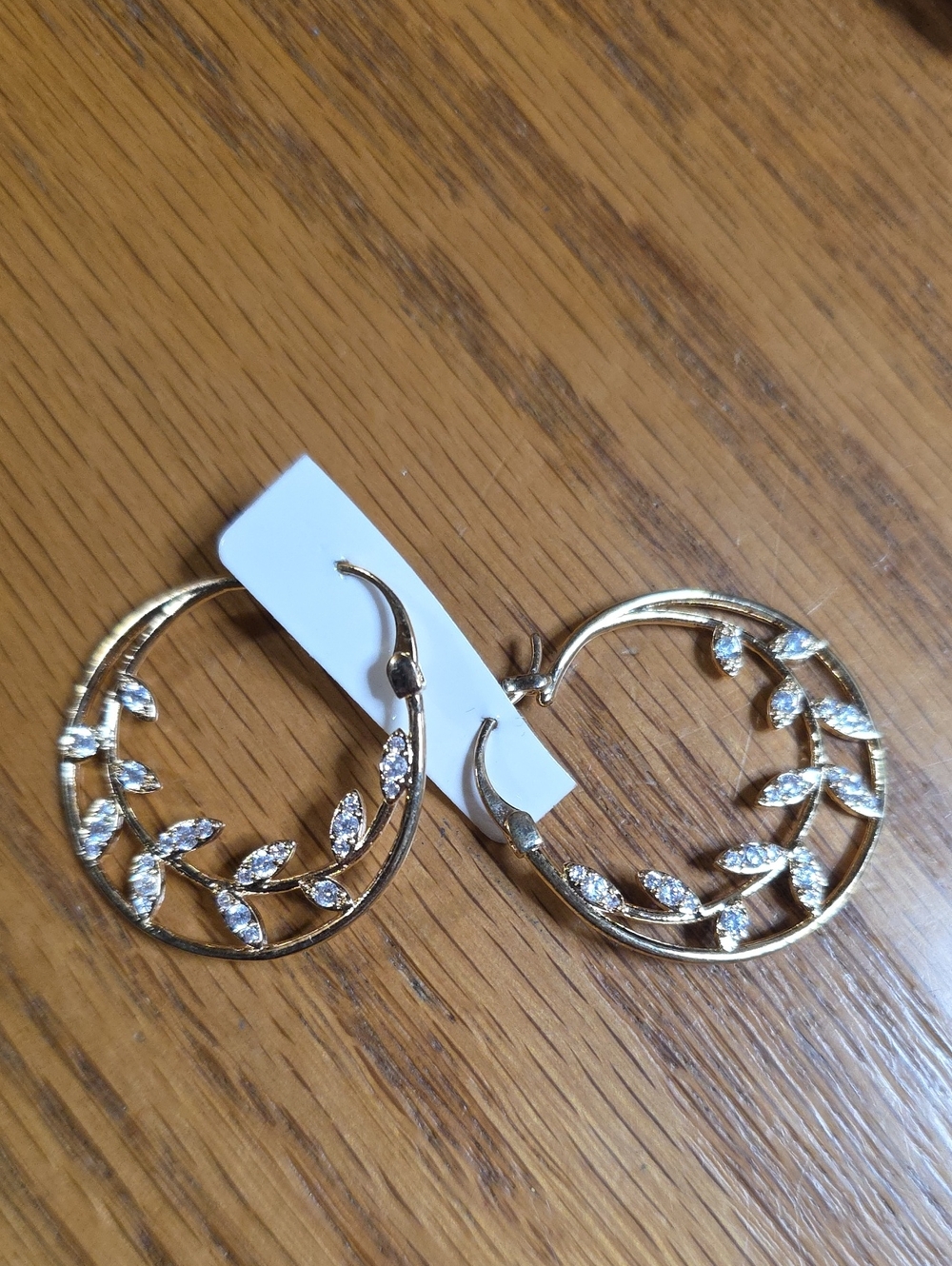 Gold Leaf Hoop Earrings with Clear Crystal Accents